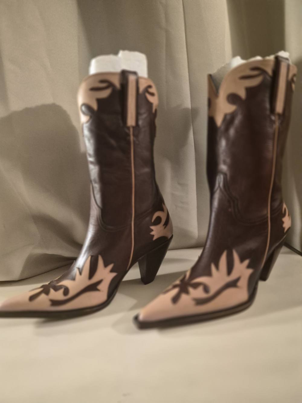 Women's Two-Tone Brown and Beige Western Mid-Calf Heeled Boots